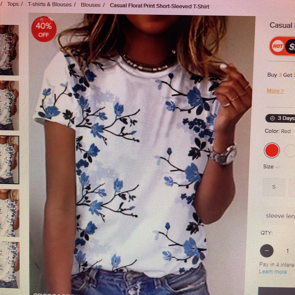 BLOUSE FLORAL PRINT SHORT-SLEEVED T-SHIRT WHITE/BLUE - L